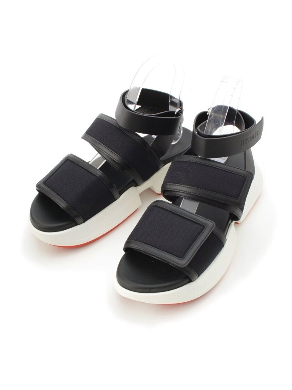 Hermes Geek Leather Mesh Velcro Strap Sports Sandals Black
